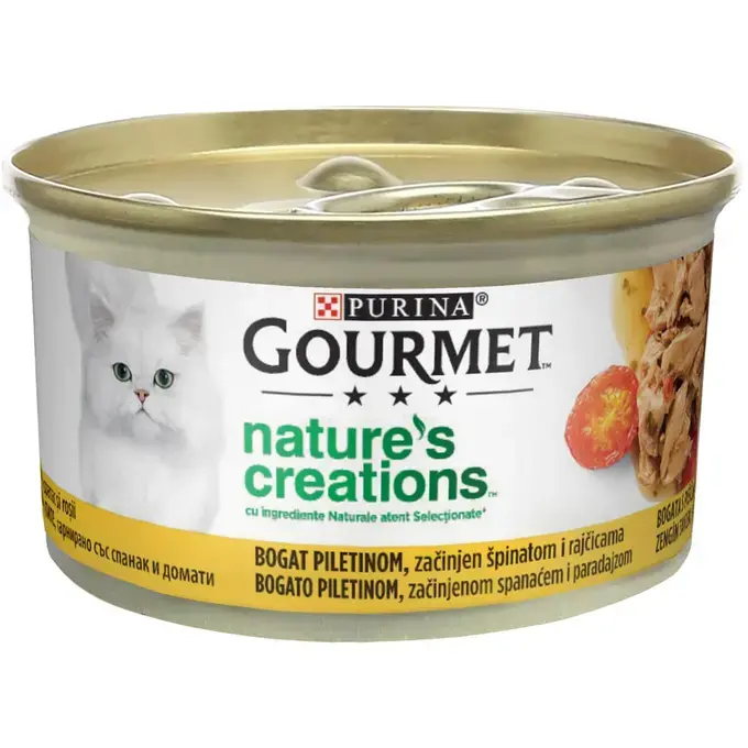 Pisici - Gourmet Nature’s Creations, Hrană Umedă pentru Pisici, Pui cu Spanac & Roșii, 85g