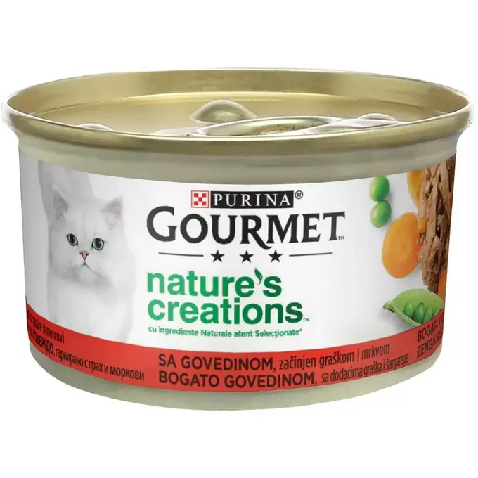 Hrana Umeda - Gourmet Nature’s Creations, Hrană Umedă pentru Pisici, Vită cu Mazăre & Morcovi, 85g