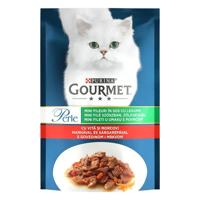 Gourmet Perle, Mini Fileuri în Sos, Hrană Umedă pentru Pisici, Vită și Morcovi, 85g