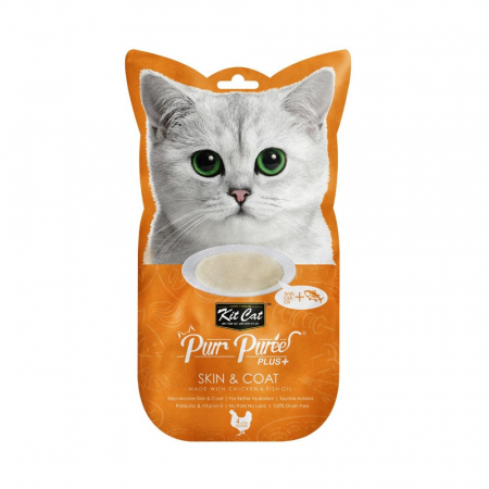 Hrana Pisici - Kit Cat Purr Puree Plus Skin & Coat – Recompense cremoase pentru pisici, cu pui și somon, 4 x 15g