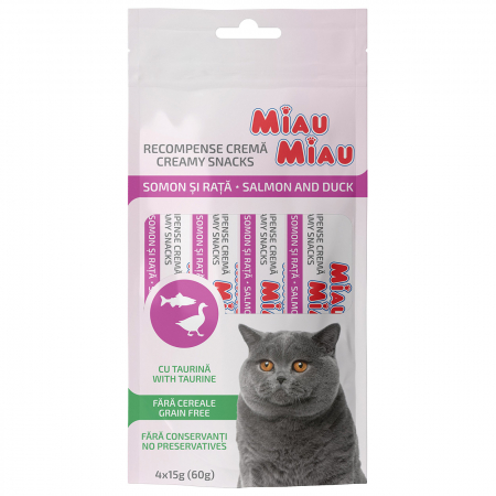 Hrana Pisici - MIAU MIAU Creamy Snacks Somon și Rață, 4x15g