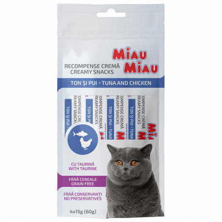 Hrana Pisici - MIAU MIAU Creamy Snacks, Recompense Cremoase pentru Pisici, Ton și Pui, 4x15g