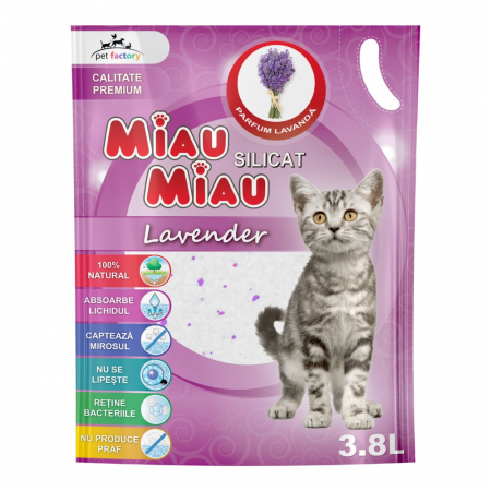Asternut Silicatic - Silicat Miau Miau, Asternut Igienic pentru Pisici, Lavanda, 3.8L