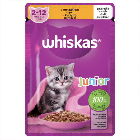 Whiskas Hrana umedă pentru pisici, Plic Junior cu Pui în Aspic, 85g
