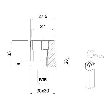 Dop patrat cu filet 30x30 M8 [4]