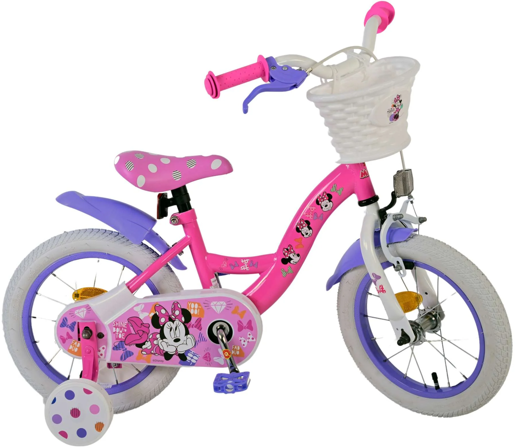 Bicicleta copii Disney Minnie Cutest Ever 14 inch, pentru fete, culoare roz violet, frana de mana fata si butuc spate