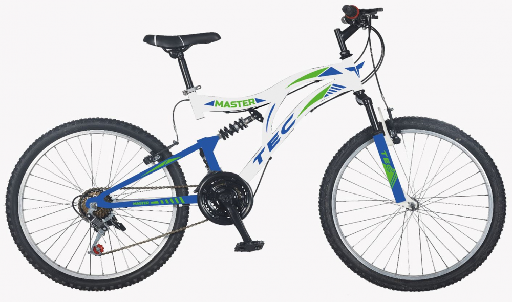 Bicicleta copii MTB Tec Master full suspensie, culoare alb albastru verde, roata 24  , cadru din otel