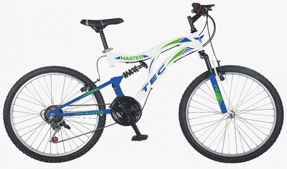 Bicicleta MTB Tec Master full suspensie, culoare alb albastru verde, roata 26 , cadru din otel