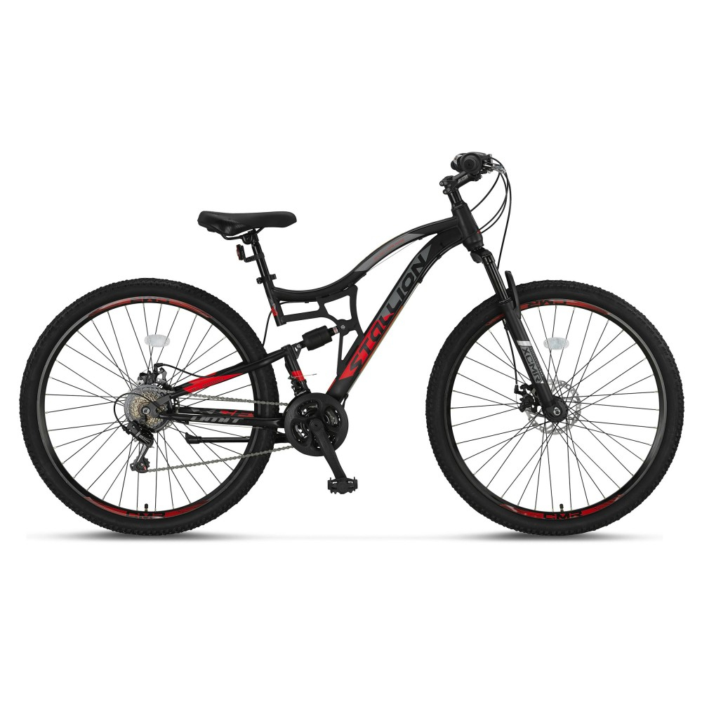 Bicicleta MTB Umit Stallion 2D, Full Suspension, SHM, 21 viteze, roata 27.5  , cadru otel, negru rosu
