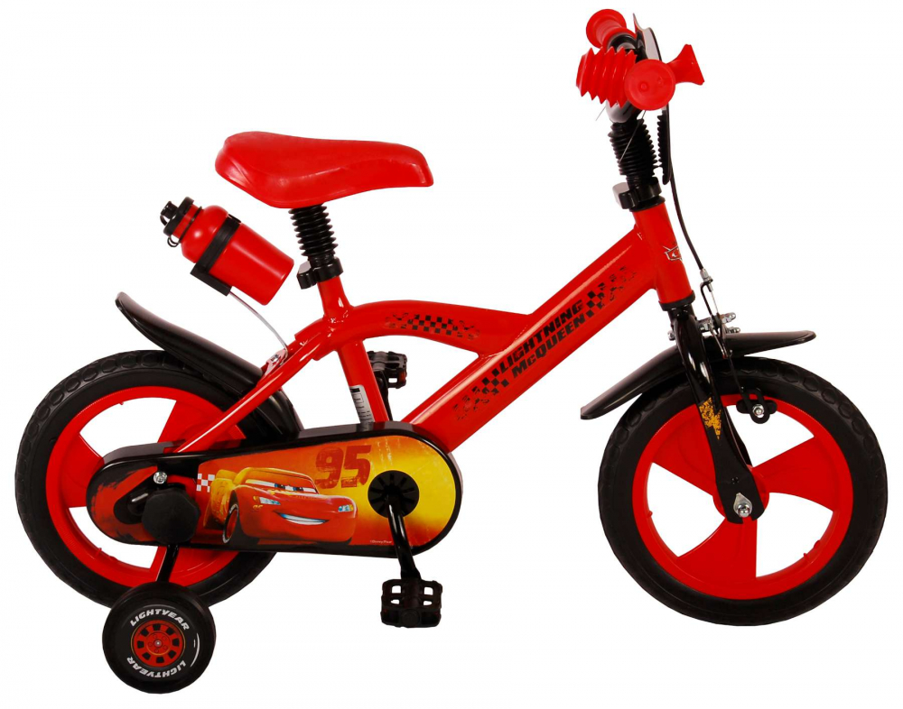 Bicicleta pentru baieti Disney Cars, 12 inch, culoare rosu negru, frana de mana fata