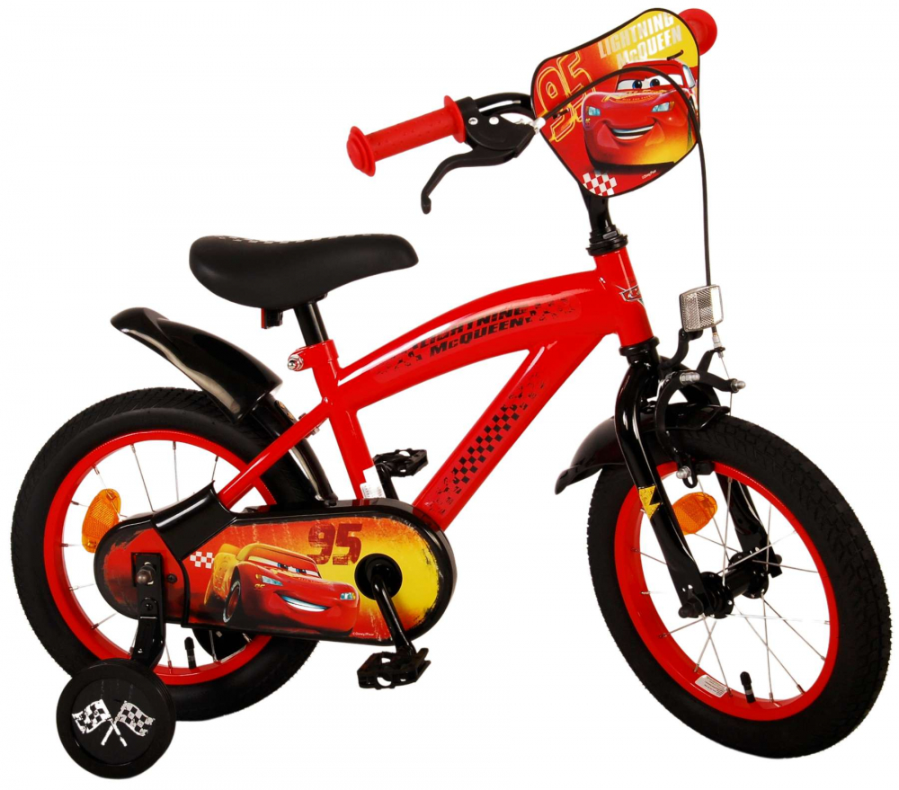 Bicicleta pentru baieti Disney Cars, 14 inch, culoare rosu negru, frana de mana fata si contra spate