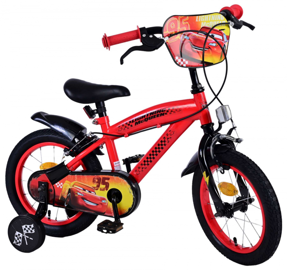 Bicicleta pentru baieti Disney Cars, 14 inch, culoare rosu negru, frana de mana fata si spate