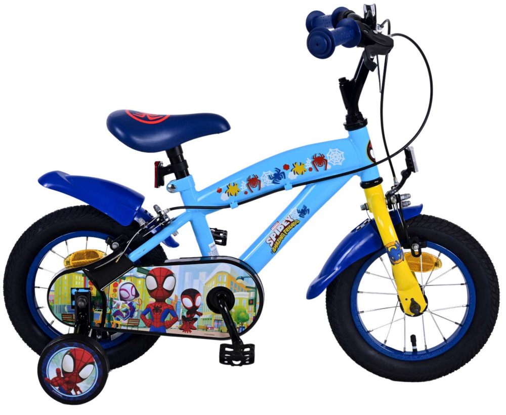 Bicicleta pentru baieti Disney Spidey, 12 inch, culoare albastru   galben, frana de mana fata si spate