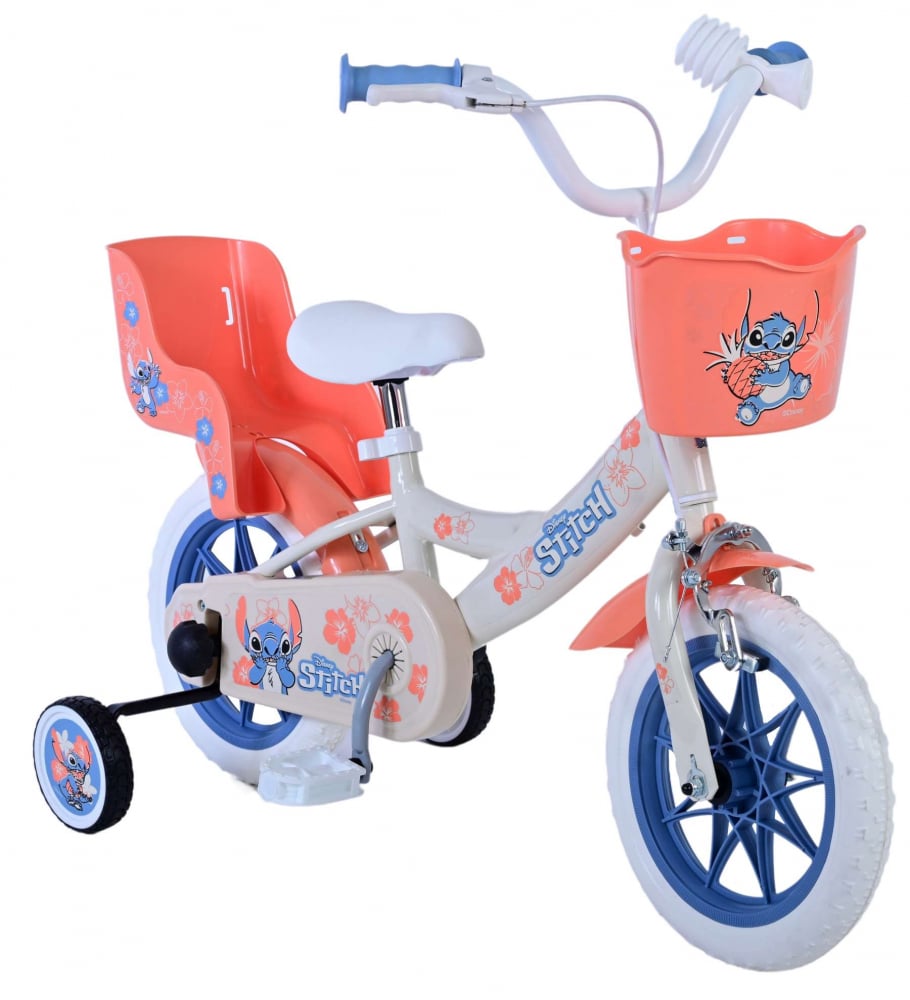 Bicicleta pentru baieti Disney Stitch, 12 inch, culoare crem   coral, frana de mana fata si contra