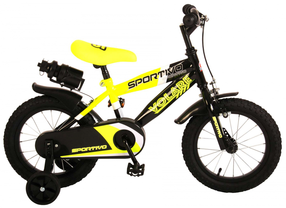 Bicicleta pentru baieti Volare Sportivo, 14 inch, culoare Negru Galben neon, frana de mana + contra