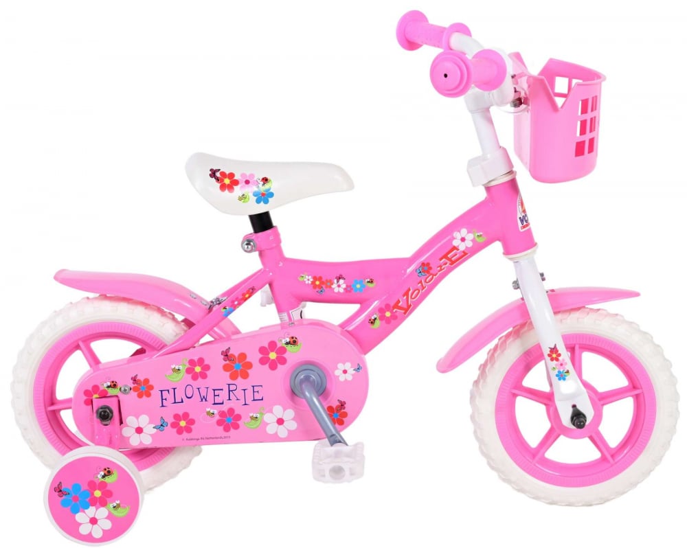 Bicicleta pentru copii Volare Flowerie, 10 inch, culoare roz alb, fara frana