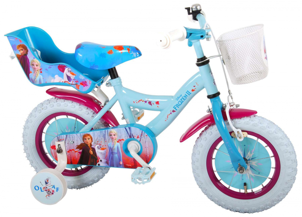 Bicicleta pentru fete Disney Frozen 2, 12 inch, culoare albastru roz, frana de mana fata si contra spate