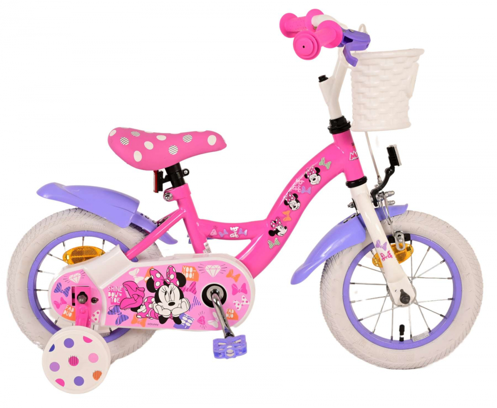 Bicicleta pentru fete, Disney Minnie, 12 inch, culoare roz violet, frane de mana fata si contra spate