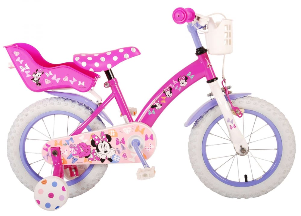 Bicicleta pentru fete Disney Minnie, 14 inch, culoare roz violet, frana de mana fata si contra