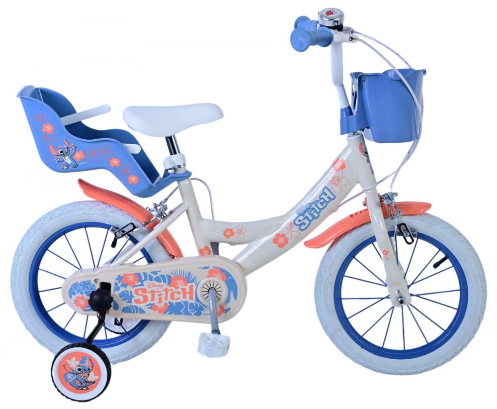 Bicicleta pentru fete Disney Stitch, 14 inch, culoare crem coral, frana de mana fata si spate