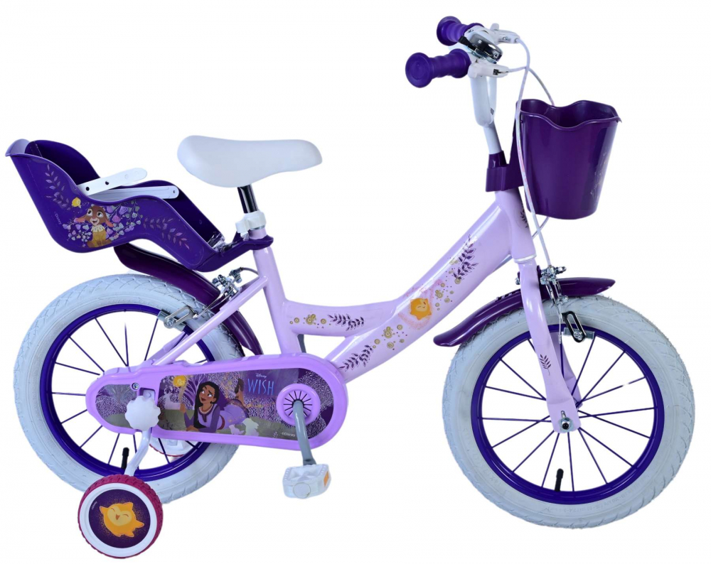 Bicicleta pentru fete Disney Wish, 14 inch, culoare violet alb, frana de mana fata si spate