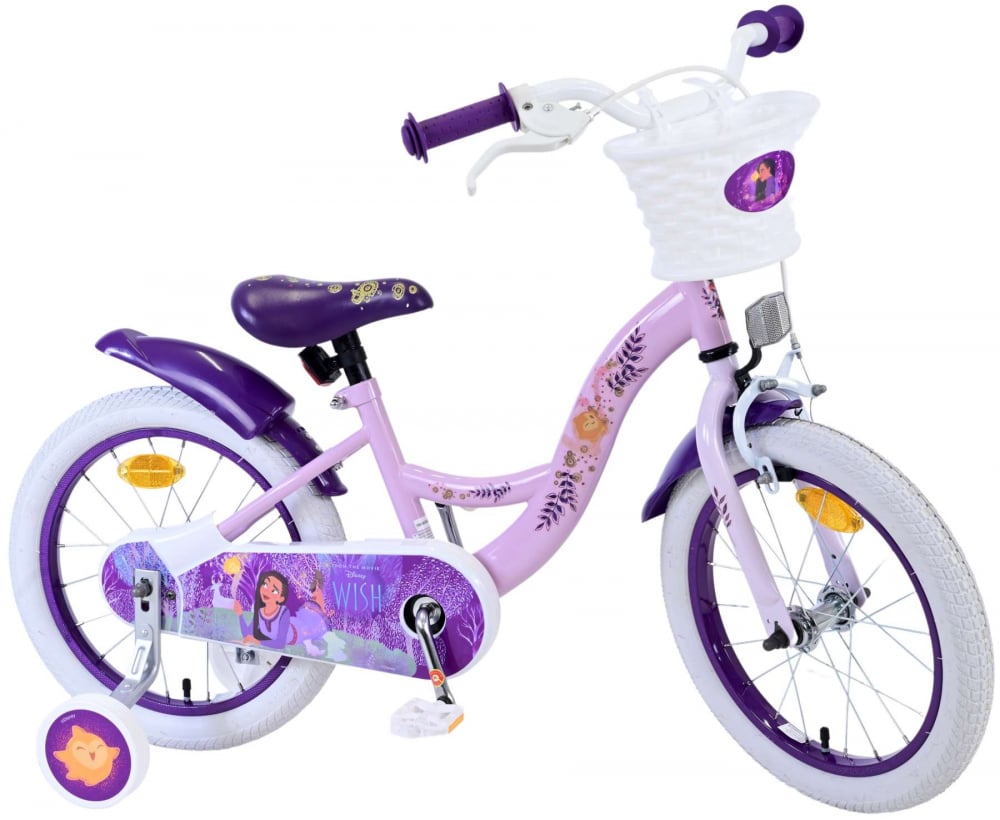 Bicicleta pentru fete Disney Wish, 16 inch, culoare violet alb, frana de mana fata si frana contra spate