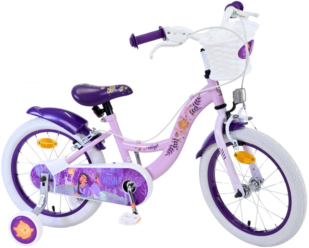 Bicicleta pentru fete Disney Wish v2, 16 inch, culoare violet alb, frana de mana fata si spate