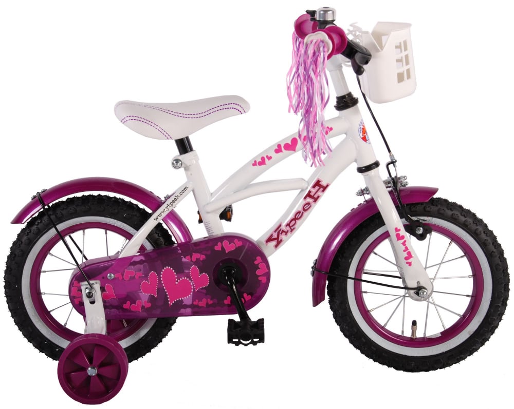 Bicicleta Volare Heart Cruiser pentru fete, 12 inch, culoare Alb Violet, frana de mana + contra