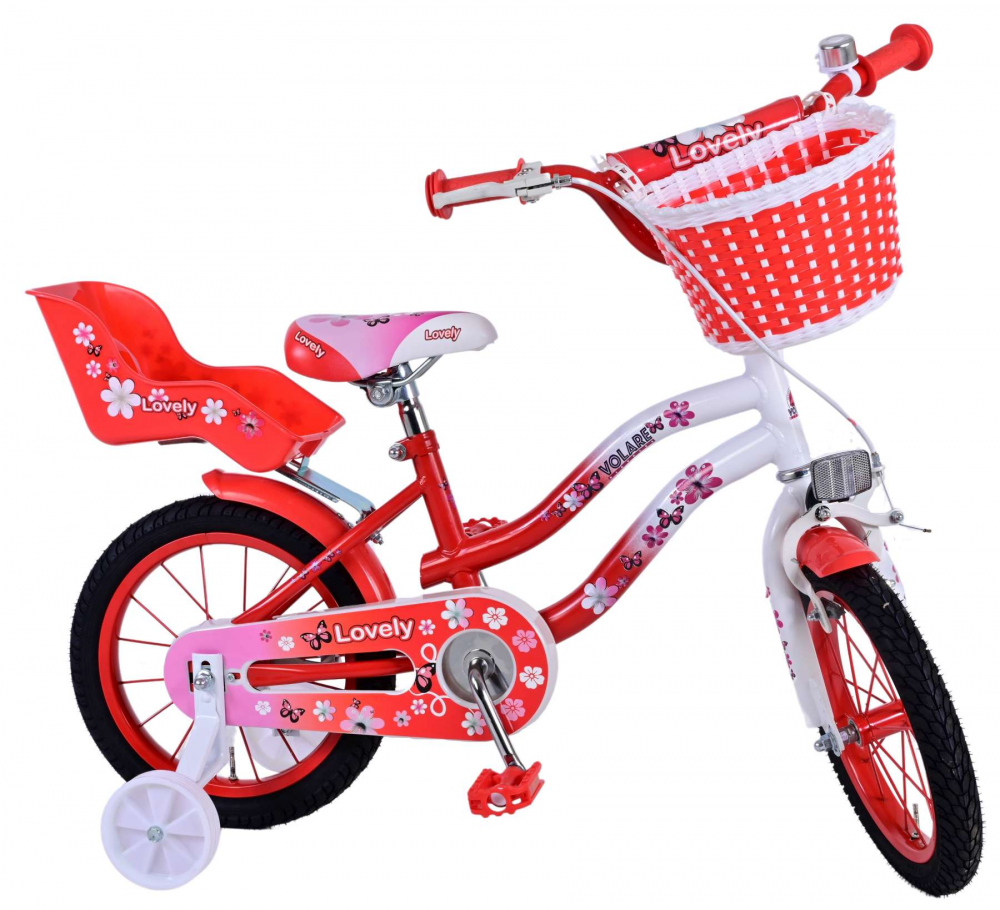 Bicicleta Volare Lovely pentru fete, culoare rosu alb, 14 inch, frana de mana fata si contra