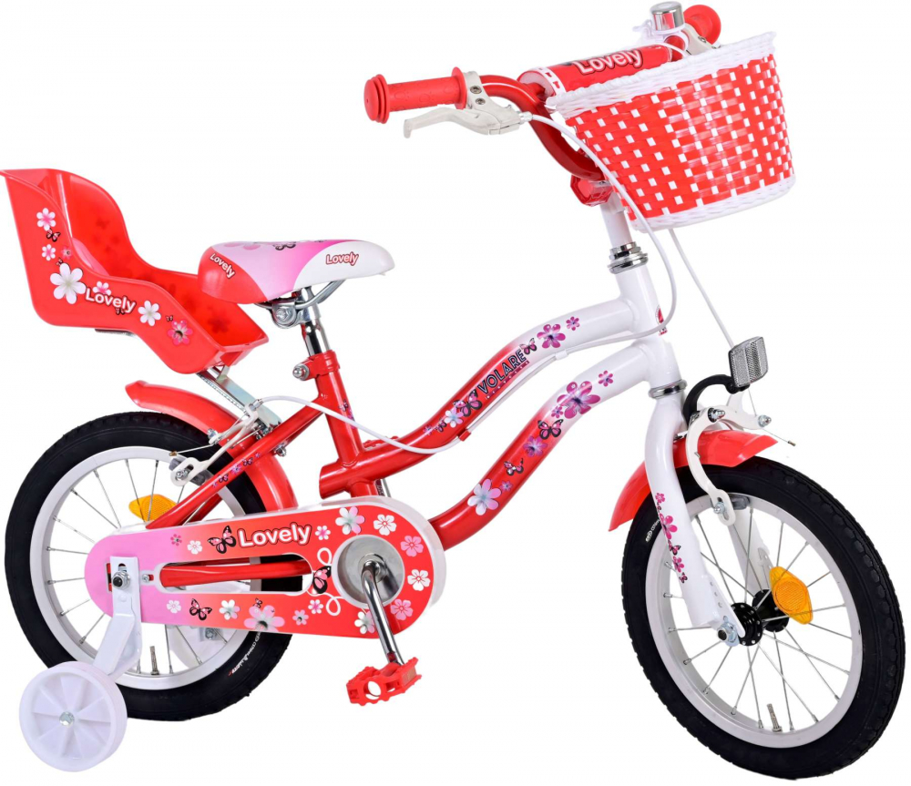 Bicicleta Volare Lovely pentru fete, culoare rosu alb, 14 inch, frana de mana fata si spate