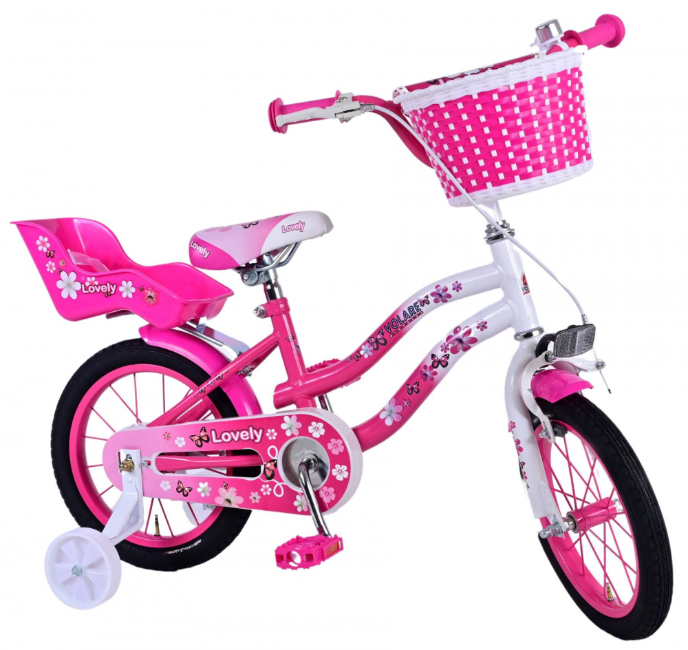 Bicicleta Volare Lovely pentru fete, culoare roz alb, 14 inch, frana de mana fata si contra