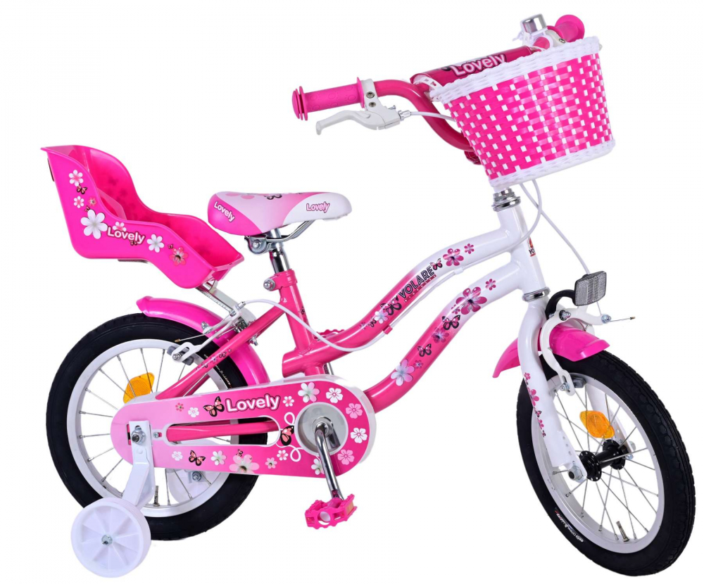 Bicicleta Volare Lovely pentru fete, culoare roz alb, 14 inch, frana de mana fata si spate