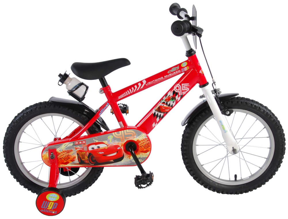 Biciclete baieti Disney Cars, 16 inch, culoare rosu alb, frana de mana + contra