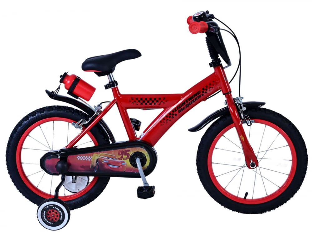 Biciclete baieti Disney Cars, 16 inch, culoare rosu, frana de mana fata si spate