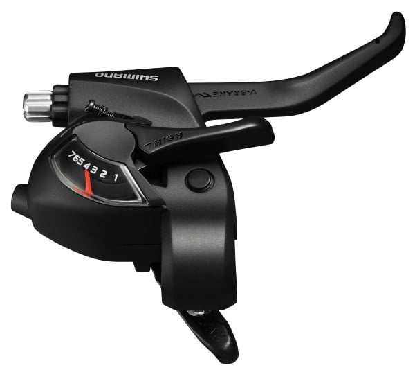 Maneta schimbator frana Shimano ST-EF41-7R, montaj dreapta, 7 viteze, cablu de schimbator 2050mm, 2 degete, pentru V-Brake, culoare negru