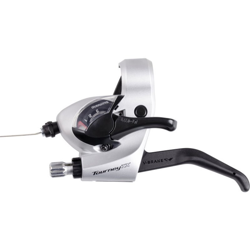 Maneta schimbator frana Shimano Tourney ST-TX800-L, montaj stanga, 3 viteze, cablu 1800mm, 2 degete, pentru V-Brake, culoare argintiu