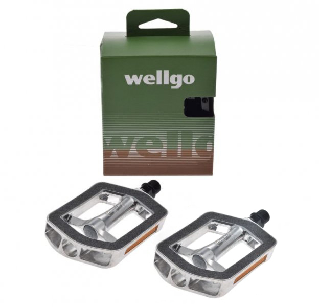 Set 2 pedale Wellgo din aluminiu cu insertii antiderapante pentru bicicleta, filet 9 16, culoare negru argintiu