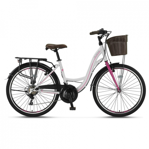 City - Bicicleta City Umit Alanya, roata 26", 21 viteze, culoare alb/roz, cadru din otel