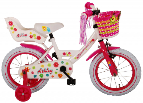 Copii - Bicicleta pentru fete Ashley, 14 inch, culoare alb/roz, frana de mana + contra