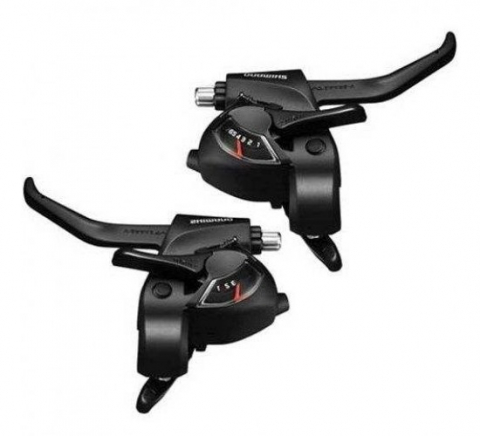 Comenzi Schimbător + Manetă Frână - Set Maneta Schimbator/Frana Shimano Tourney St-Ef41, 7X3 Vit., 2 Degete, Pt. Frana V-Brake, Cabluri Schimbator/Frana Lungime Standard, Negru, Ambalat Ind.