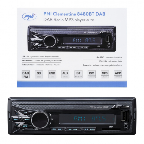 ELECTRICA / ELECTRONICA - RADIO MP3 PLAYER AUTO DAB SI RDS PNI CLEMENTINE 8480BT 4X45W, 12/24V, CU SD, USB, AUX, RCA, BLUETOOTH SI USB 1.5A
