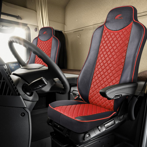 ACCESORII INTERIOR - SET HUSE SCAUN TRUCK UMBRELLA PENTRU MERCEDES ACTROS EURO 5 1844 MP2 MP3 MP4 PIELE ECOLOGICA NEAGRA + ROSU