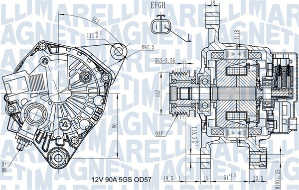 Alternator (12V, 90A) potrivit HYUNDAI GETZ, I10 I, I20 I; KIA PICANTO I 1.1D 1.5D 1.6D 03.03-12.12