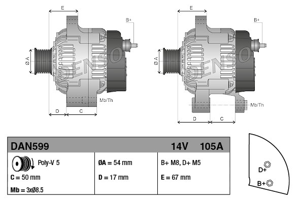Alternator (14V, 105A) FIAT 500, 500 C, 500L, BRAVO II, DOBLO, GRANDE PUNTO, LINEA, PUNTO, SIENA, STILO; FORD KA 1.2-1.4LPG dupa 1999 [3]