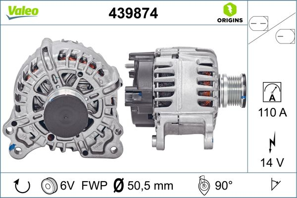 Alternator (14V, 110A) potrivit SEAT LEON, LEON SC, LEON ST, TOLEDO IV; SKODA KODIAQ, OCTAVIA III, RAPID, YETI; VW GOLF ALLTRACK VII, GOLF SPORTSVAN VII, GOLF VII, TIGUAN, T-ROC 1.4-2.0D 05.09-