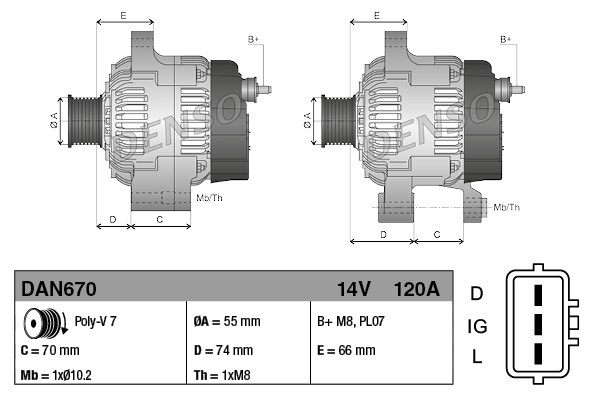 Alternator (14V, 120A) LAND ROVER DEFENDER, DISCOVERY II 2.5D intre 1998-2016 [3]