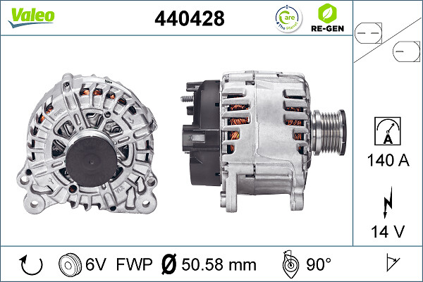 Alternator (14V, 140A) potrivit AUDI A3, Q3, TT; SEAT ALHAMBRA, LEON, LEON SC, LEON ST, TOLEDO IV; SKODA KAMIQ, KODIAQ, OCTAVIA III, SCALA, SUPERB III, YETI; VW AMAROK, ARTEON 1.0-2.0D 05.09-