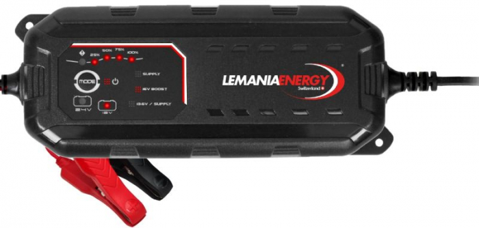 Aparat incarcat baterii auto voltaj incarcare: 12 24 V LEMANIA ENERGY, curent incarcare: 3,5 7A, alimentare: 230V, tip baterie: AGM EFB LiFePO4 VRLA WET