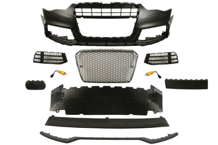 Bara Fata, cu grilaje, cu gauri pentru spalator de faruri, cu gauri pentru senzorii de parcare, crom negru grund potrivit AUDI A5 10.11-07.16