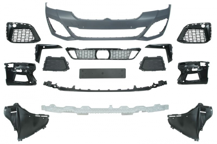 Bara fata model pachet M cu grila centrala, cu suporti, cu grile,cu armatura, cu locas proiectoare, cu gauri senzori parcare potrivit BMW Seria 5 G30 dupa 2020
